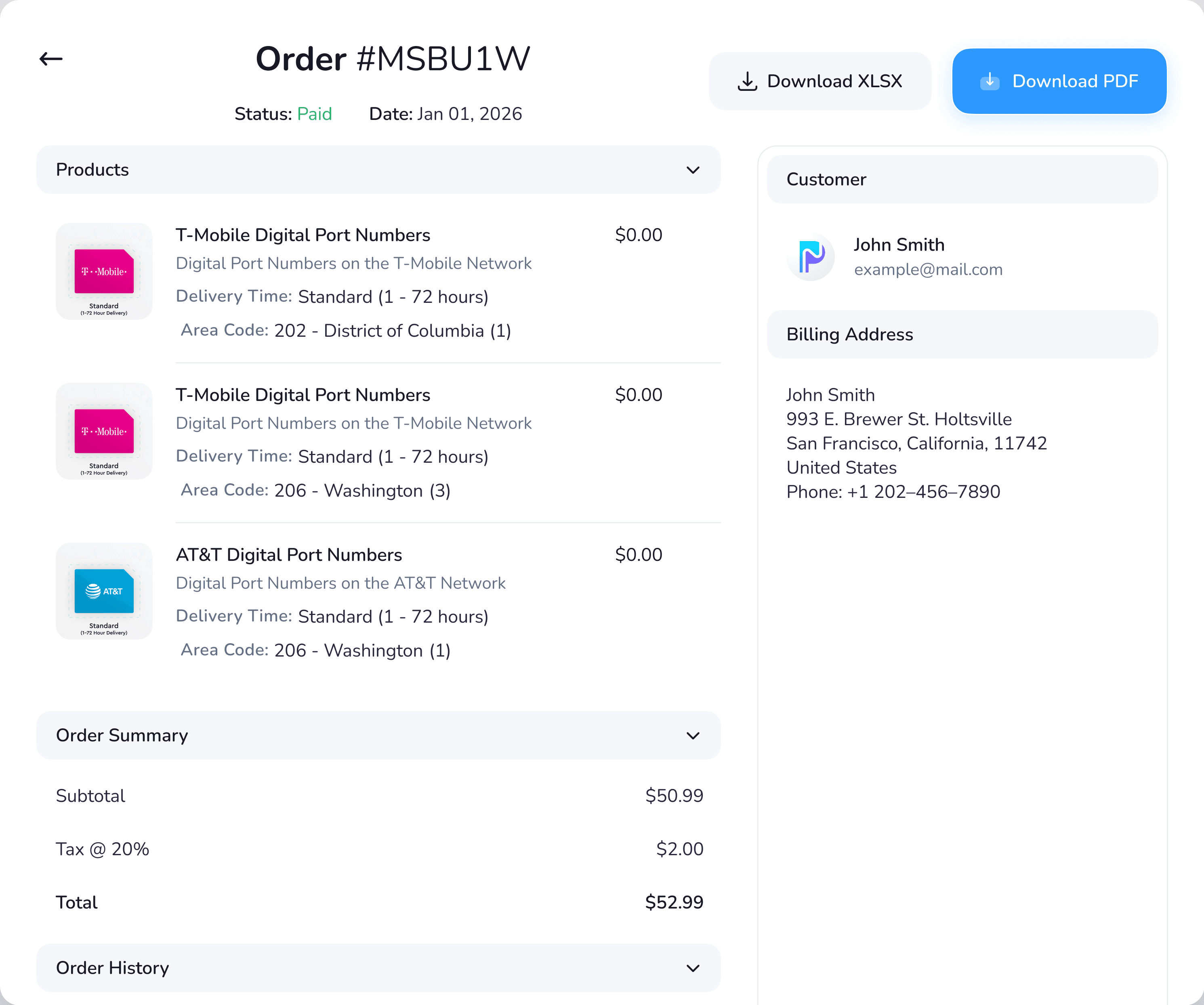 Order detail view with products, order summary, customer and billing address