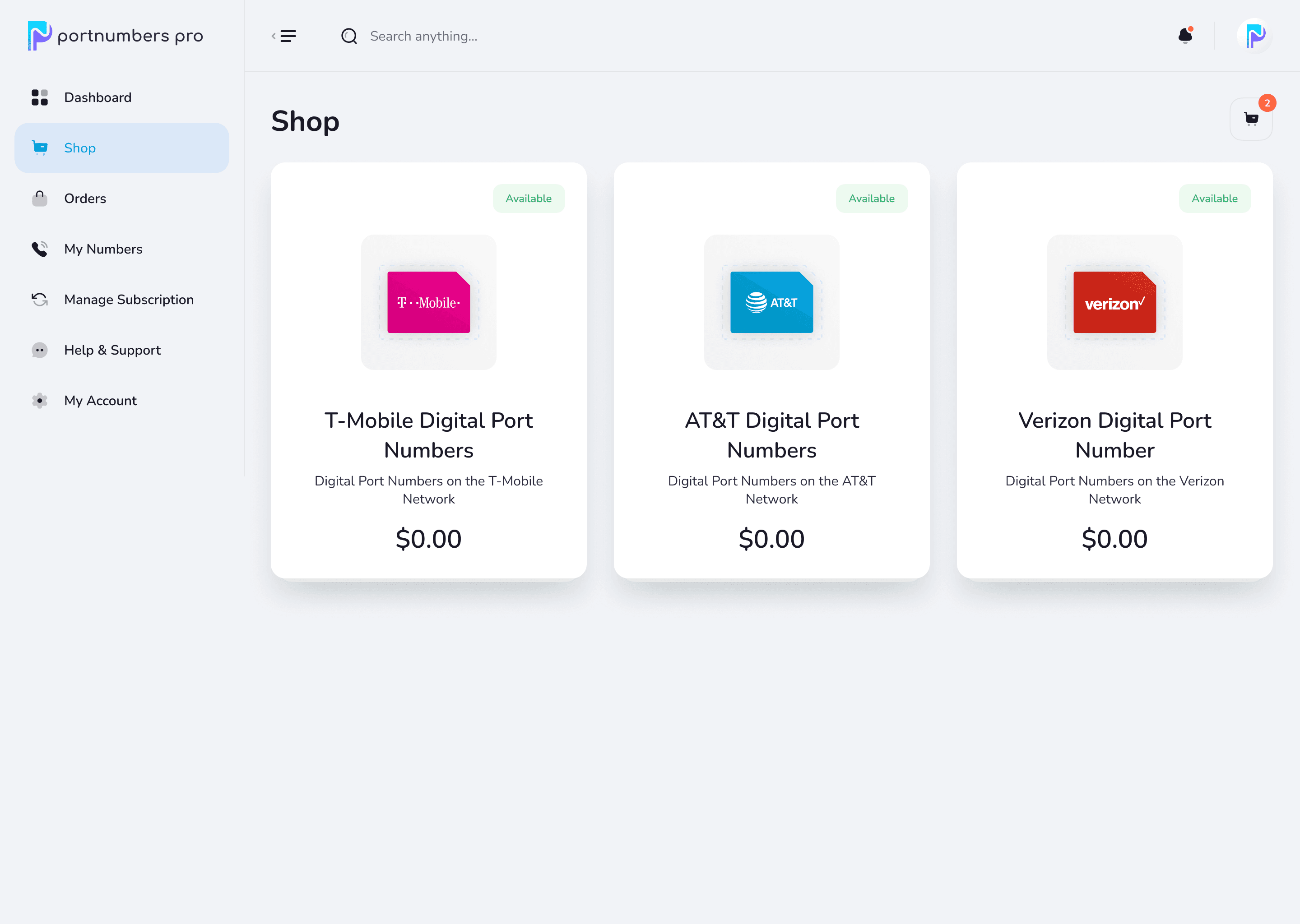 Shop view listing T-Mobile, AT&T and Verizon digital port numbers