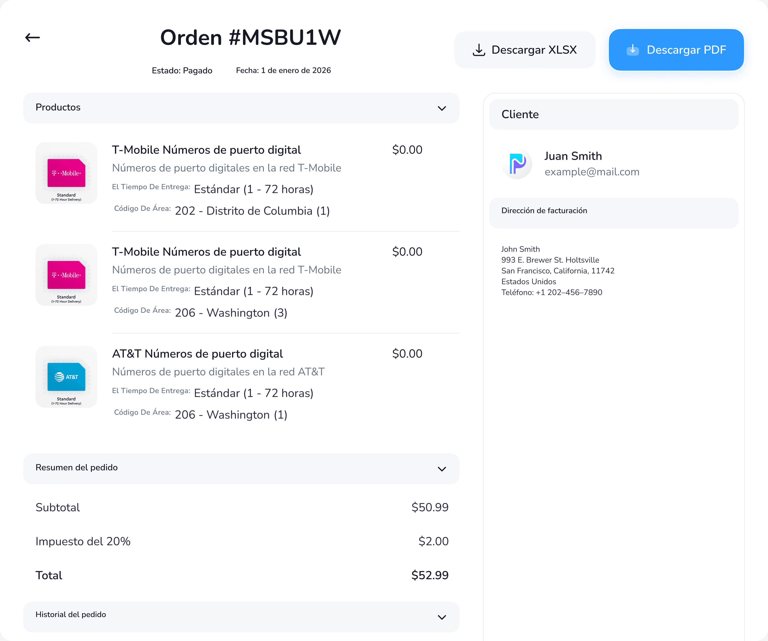 Order detail view with products, order summary, customer and billing address