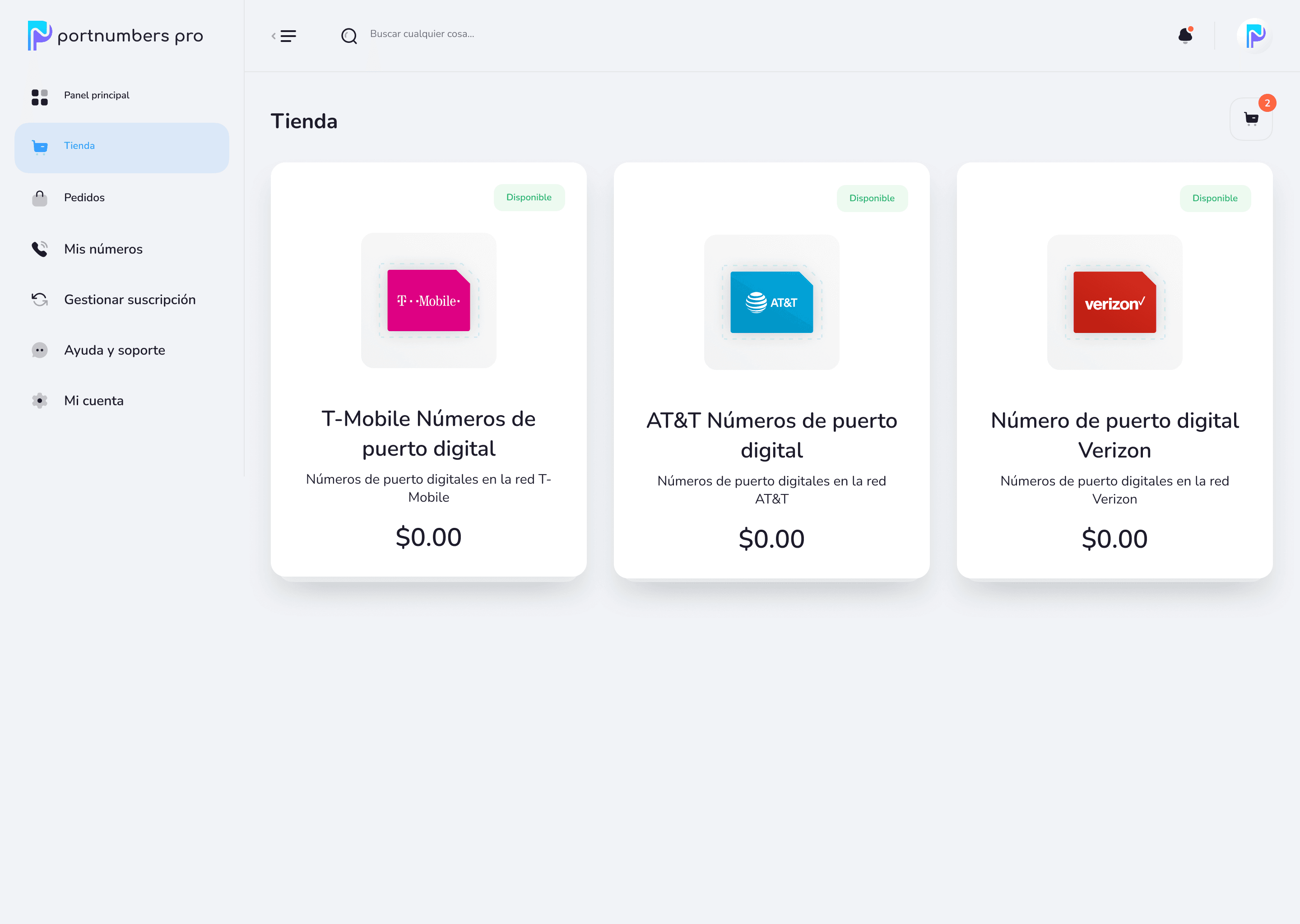Shop view listing T-Mobile, AT&T and Verizon digital port numbers