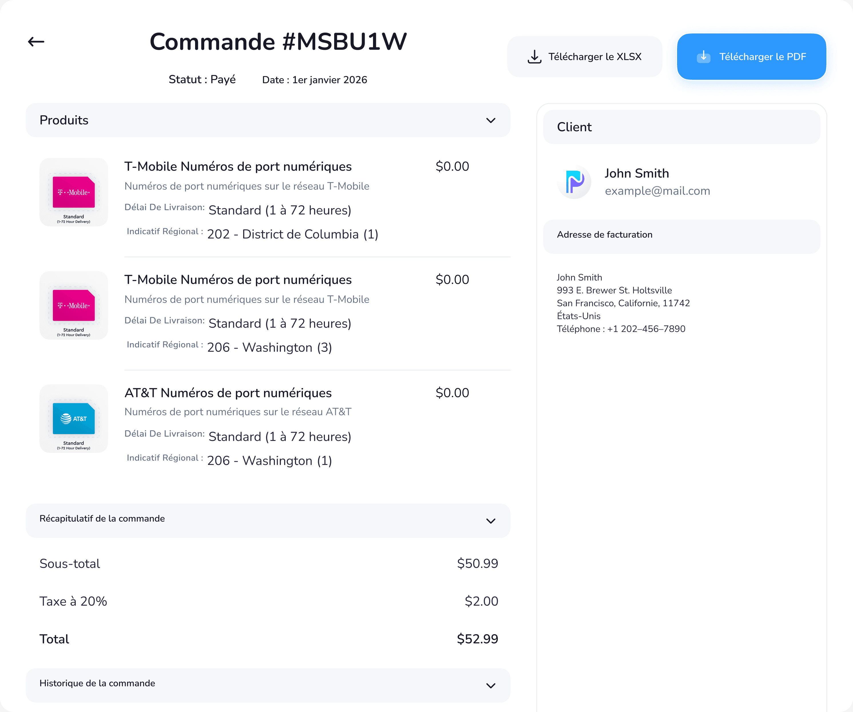 Order detail view with products, order summary, customer and billing address