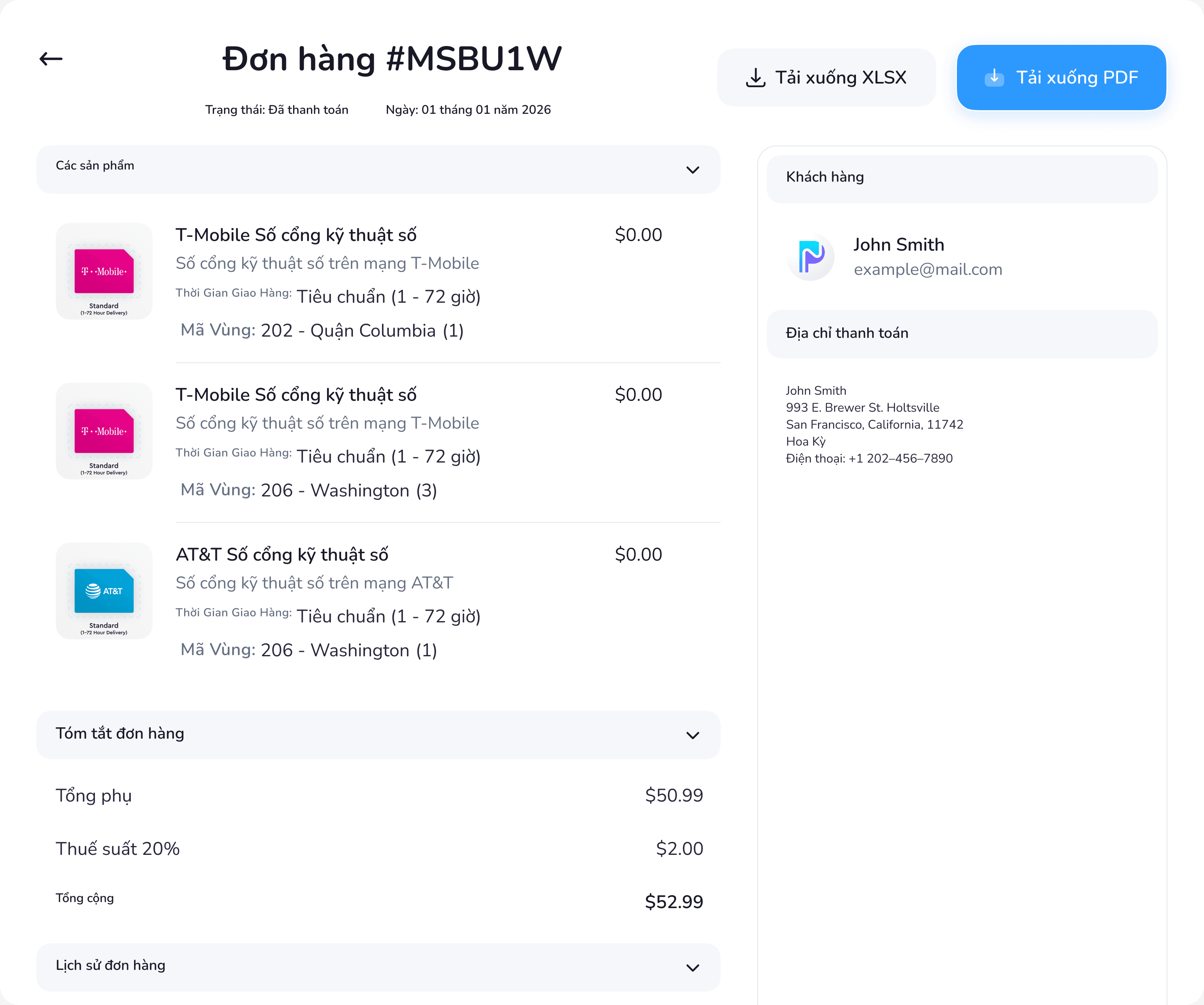 Order detail view with products, order summary, customer and billing address