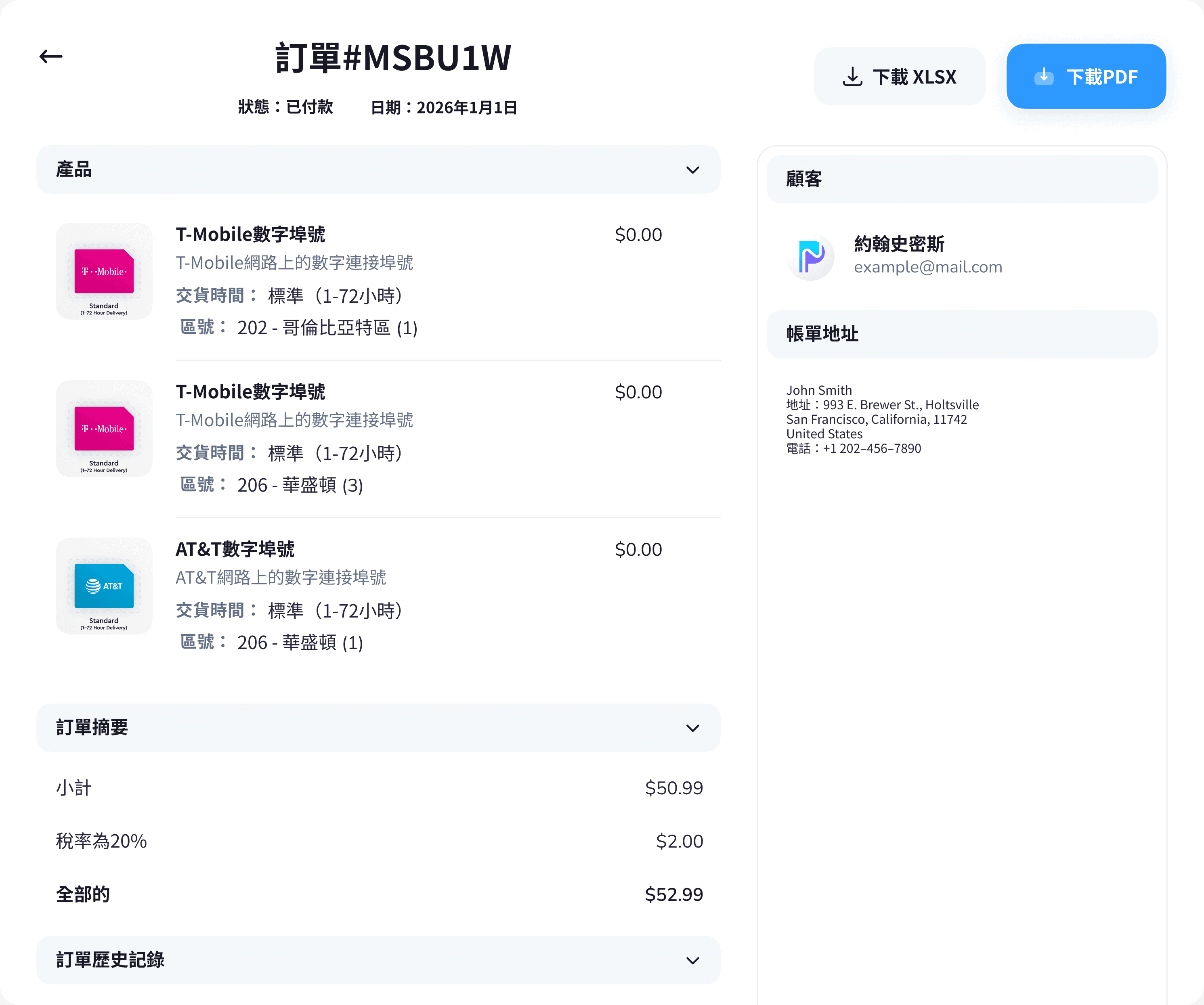 Order detail view with products, order summary, customer and billing address